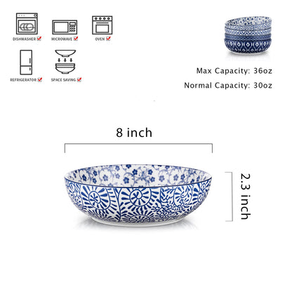 Selamica Ceramic 30 Ounce Pasta Bowls set of 4, 8 inch Serving Bowl Wide and Shallow Microwave Dishwasher Safe, Vintage Blue