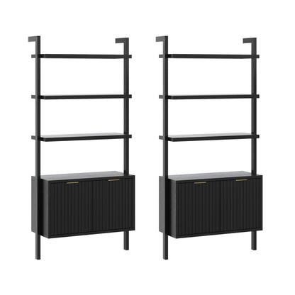 Nathan James Jasper 3-Shelf Solid Wood Boho Bookshelf, Wall Mounted Bookshelf with Cabinet with Fluted Doors, Black Oak, Set of 2