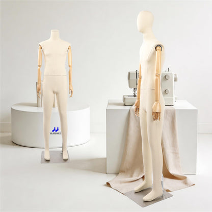 Full Body Male Mannequin with Articulated Wood Arms, Premium Linen Covered Dress Form with Heavy Metal Base, Posable Retail Display Dummy for Boutique Window & Streetwear(Cloth Head)