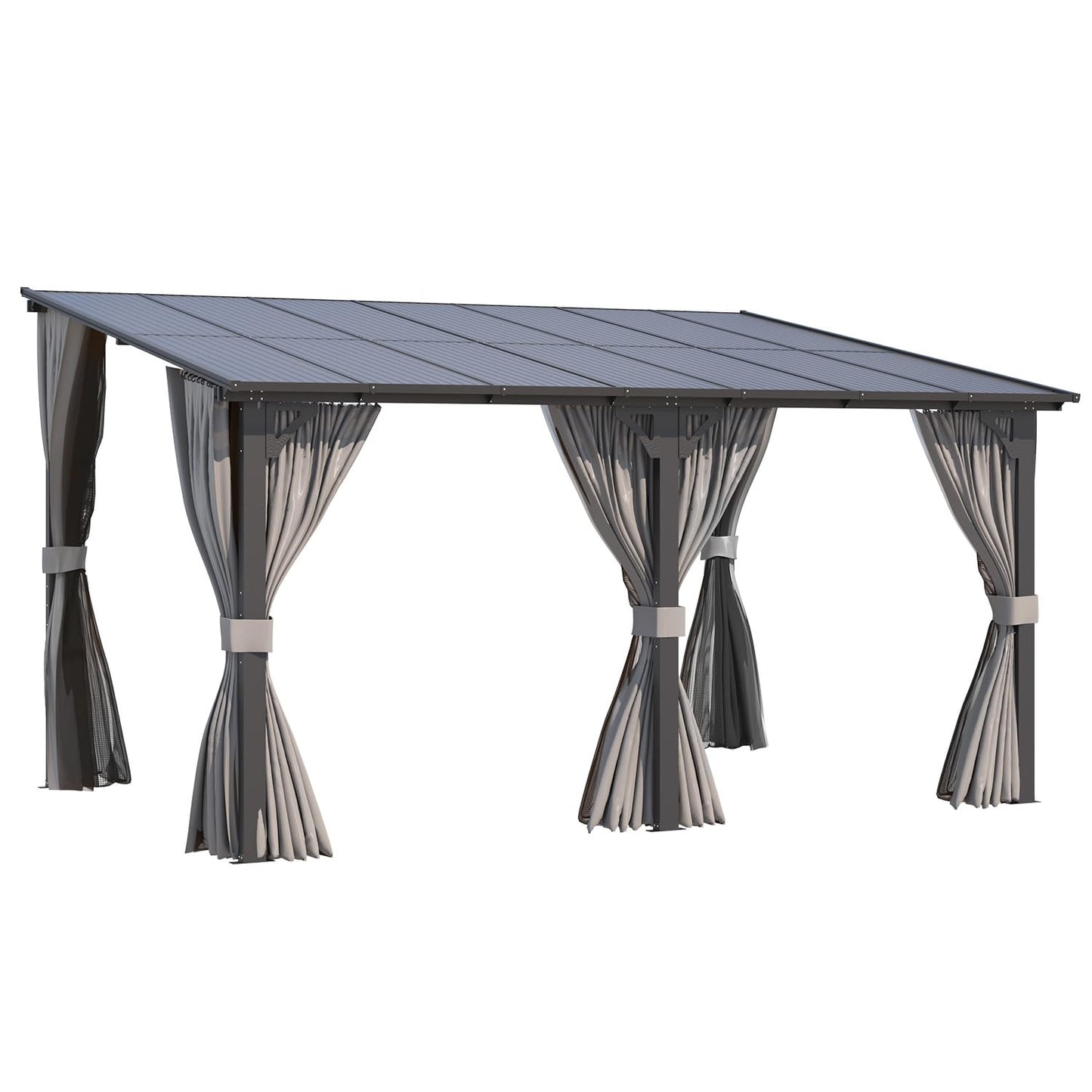 AECOJOY 14' x 10' Gazebo for Patio, Hard Top Lean to Gazebo Pergola with Curtains and Mosquito Netting, Large Wall-Mounted Heavy Duty Awnings for Patio, Decks, Backyard and More