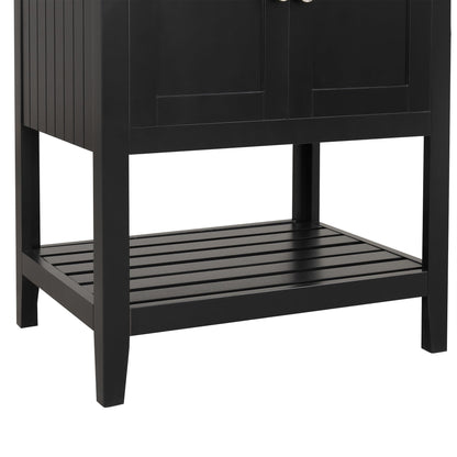 24" Bathroom Vanity with Ceramic Sink Top Set, Cabinet with Adjustable Shelf and Open Storage Space, Soft-Closing Door, Solid Wood Frame, Black