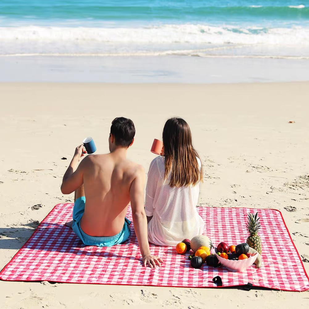 RUIBOLU Large Picnic Blankets,80x60in Beach Blanket Sandproof Beach Mat for 3-5 Adults Waterproof Quick Drying Outdoor Picnic Mat for Travel Camping Hiking(Red Plaids)