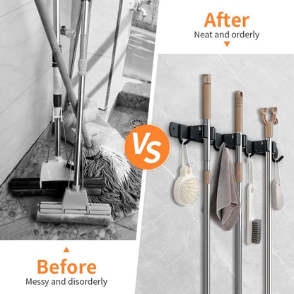 Skiennix Heavy-Duty Broom Hanger & Mop Holder - Wall-Mounted Organizer Rack with 4 Hooks | Matte Black
