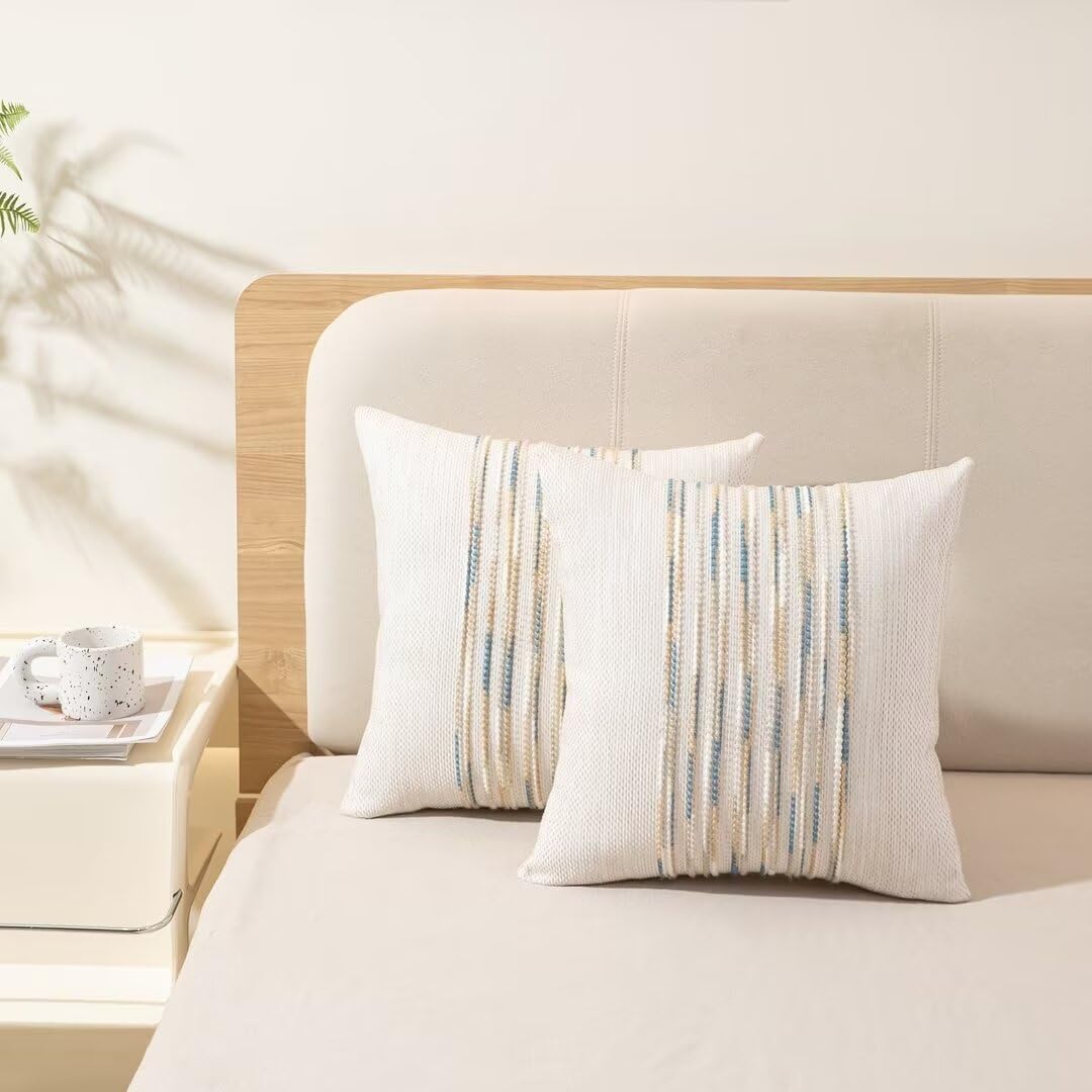 Boho Throw Pillow Covers 18x18 Set of 2 Farmhouse Decorative Cushion Case Striped Square Pillows Cover Chenille Pillow Cases Accent Neutral Pillowcase for Sofa Couch Bed,Sky Blue