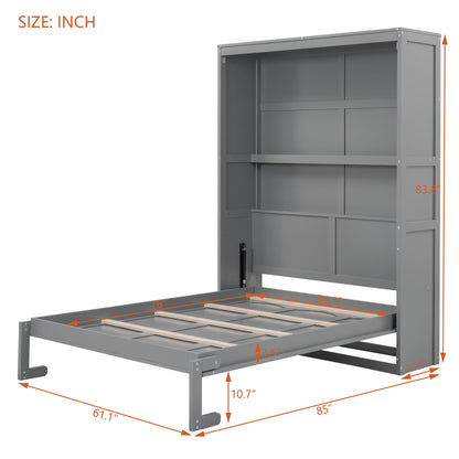 Ball & Cast Full Size Murphy Bed Wall Bed with Shelves and Mattress Holder,Wood Hideaway Cabinet Chest w/Slat Support,can be Folded,for Small Room,Dorms,Gray