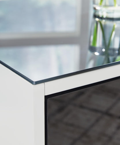 Signature Design by Ashley Gardoni Modern Glass-Tabletop End Table with 1 Drawer, Open Shelf, and High Gloss Finish, White & Black