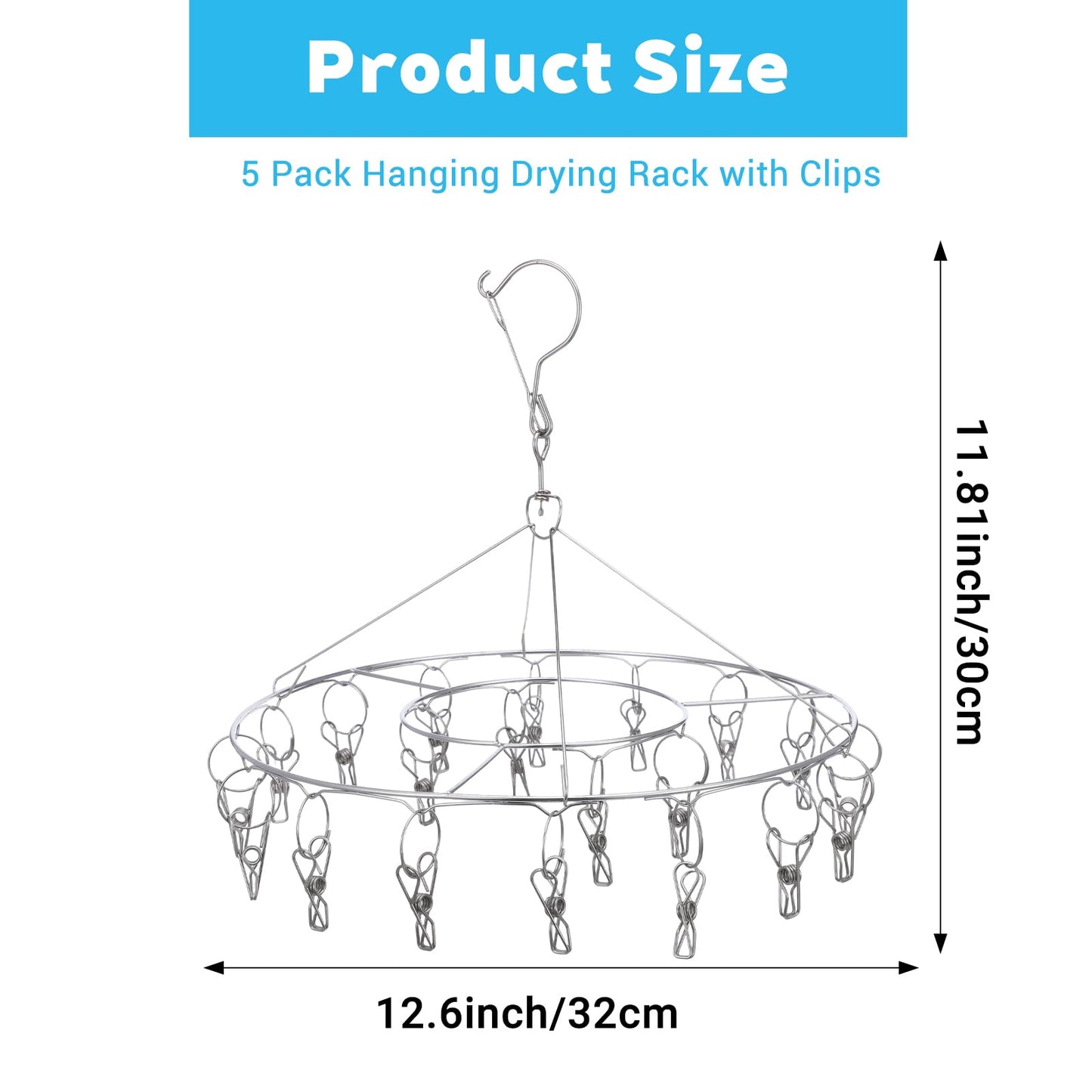Kegeeei 5 Pack Stainless Steel Hanging Drying Rack with Clips - Foldable Laundry & Plant Dryer for Socks, Underwear, Bras, Towels, Spices & Flowers