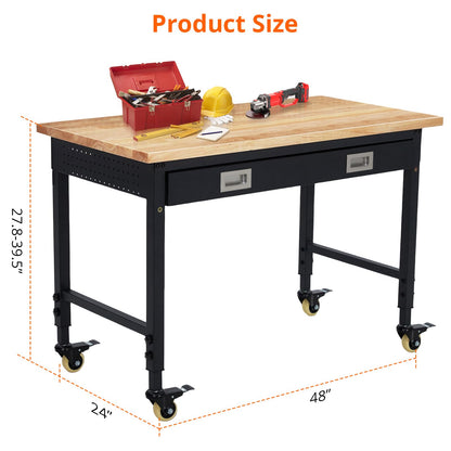 ACONEE Adjustable Height Workbench, 48" Heavy Duty 2000 LB Load Capacity, Solid Rubber Wood Top, Sturdy Metal Frame, Workstation with Drawer & 4 Rolling Casters, Power Outlets for Garage Workshop