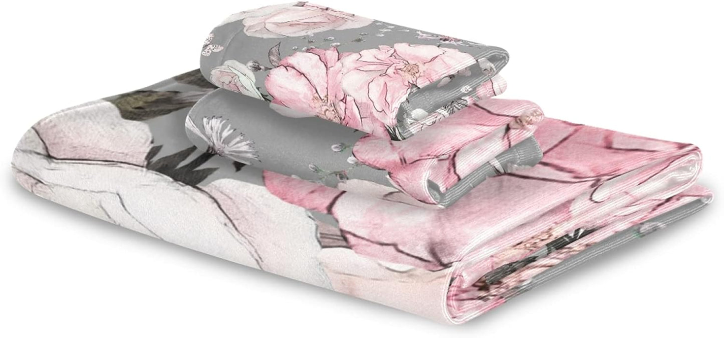 Sets 3 Sets1 1 1 ALAZA Pink Flowers Roses and Leaves on Gray Towel Bathroom Piece Bath Towel Bath Towel Hand Towel