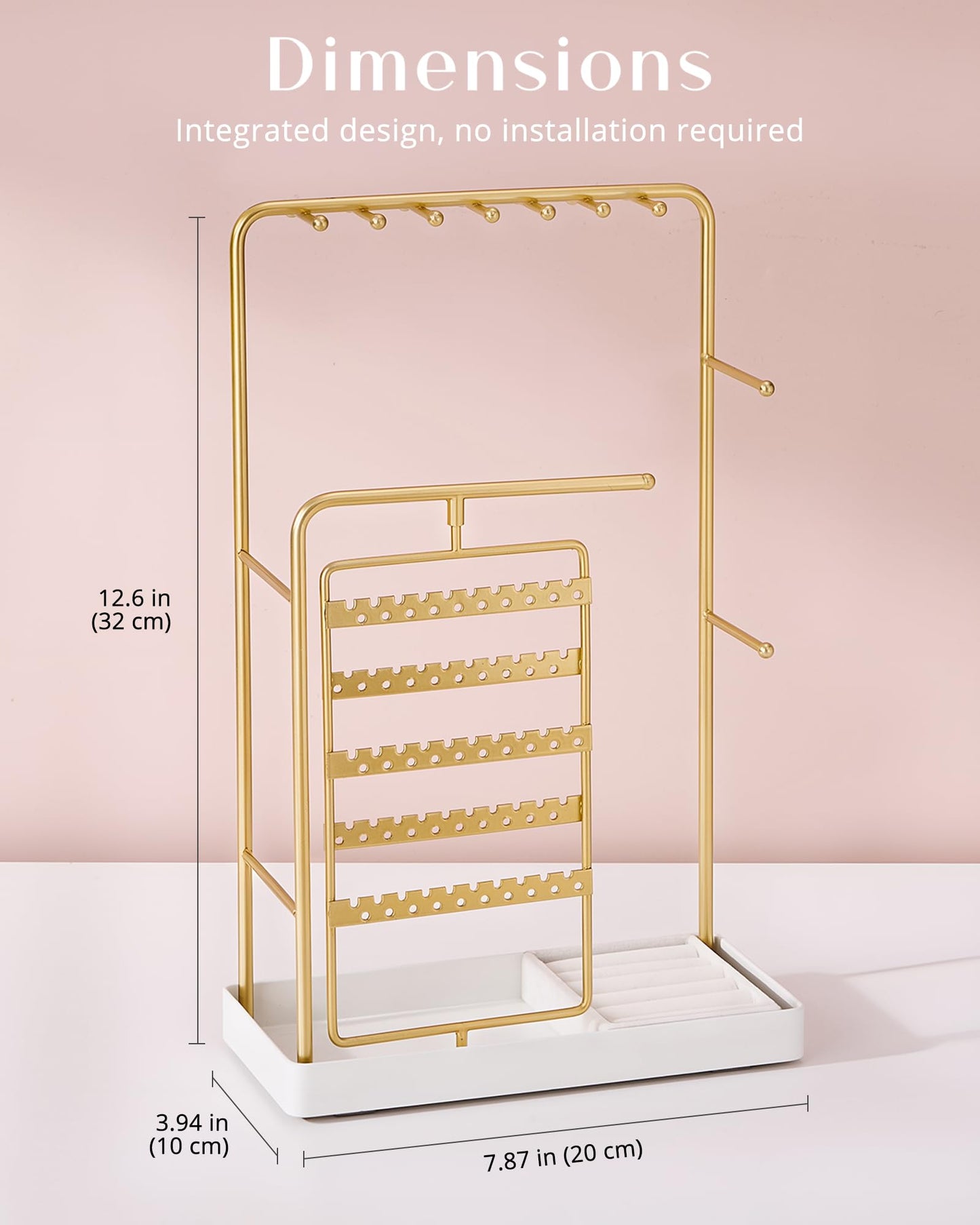 ProCase Jewelry Stand Holder Organizer, Jewelry Display Storage with Ring Tray, Rotating Earring Bracelet Necklace Holder, Valentine's Gifts Room Dorm Decor for Teen Girls -Gold (No-Assembly)