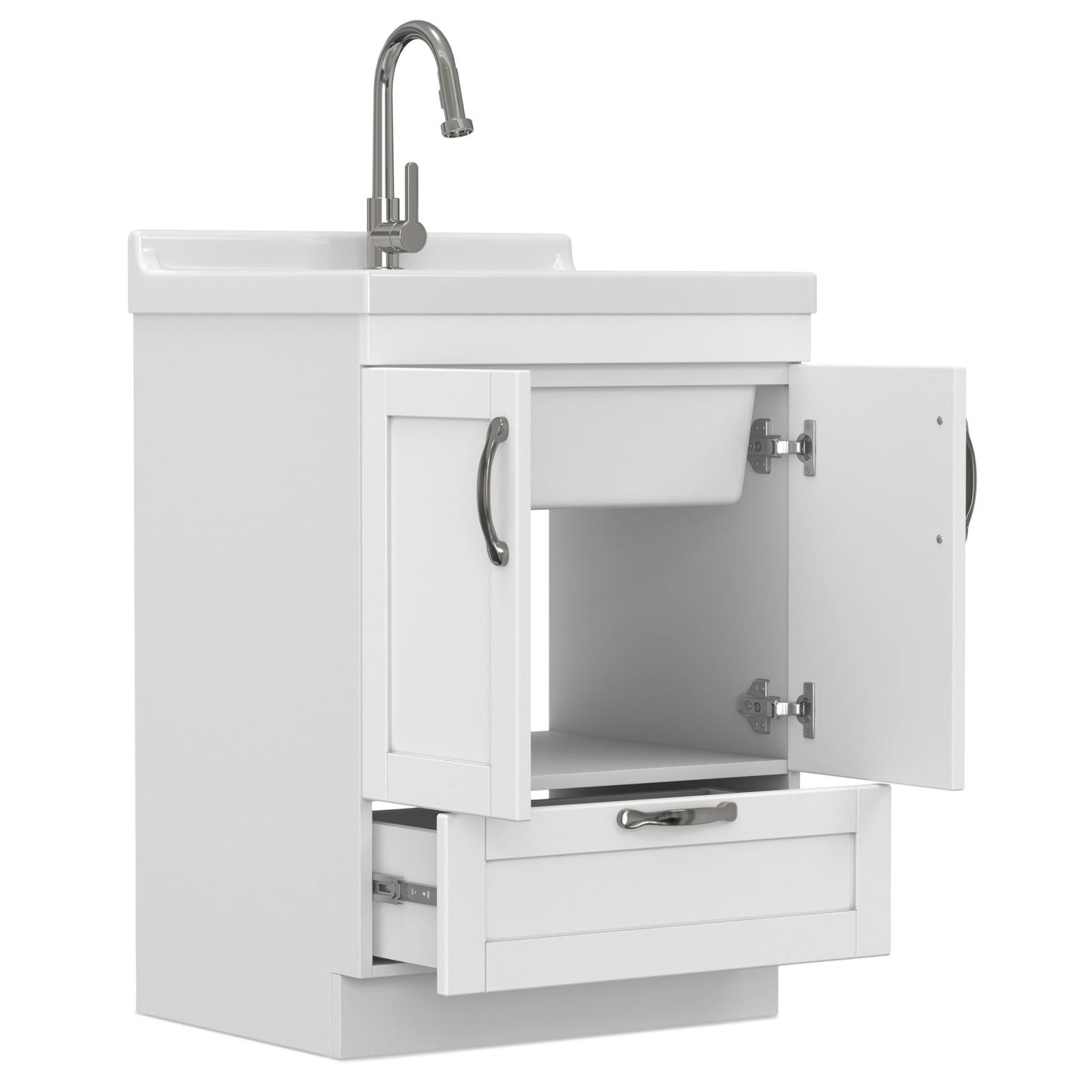 SIMPLIHOME Maile All-in-One 24 inch Wide Utility Sink and Laundry Cabinet in Pure White Finish, Transitional ABS Sink Cabinet for Laundry Rooms or Garage with High-Arch Chrome Faucet and Storage