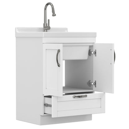 SIMPLIHOME Maile All-in-One 24 inch Wide Utility Sink and Laundry Cabinet in Pure White Finish, Transitional ABS Sink Cabinet for Laundry Rooms or Garage with High-Arch Chrome Faucet and Storage