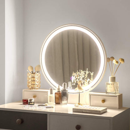 Vanity Set, Touch-Screen LED Round Mirror, Dressing Table with Cushioned Stool, 4 Storage Drawers &Spacious Desktop, 3 Adjustable Light Colors, Makeup Table and Stool Set for Women Girls, White + Gray