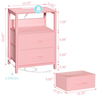 Yoobure Nightstand with Charging Station, LED Night Stand with Fabric Drawers and Storage Shelf for Bedroom, Nightstands Bedside Tables with USB Ports & Outlets, Small Night Stands, Bed Side Table