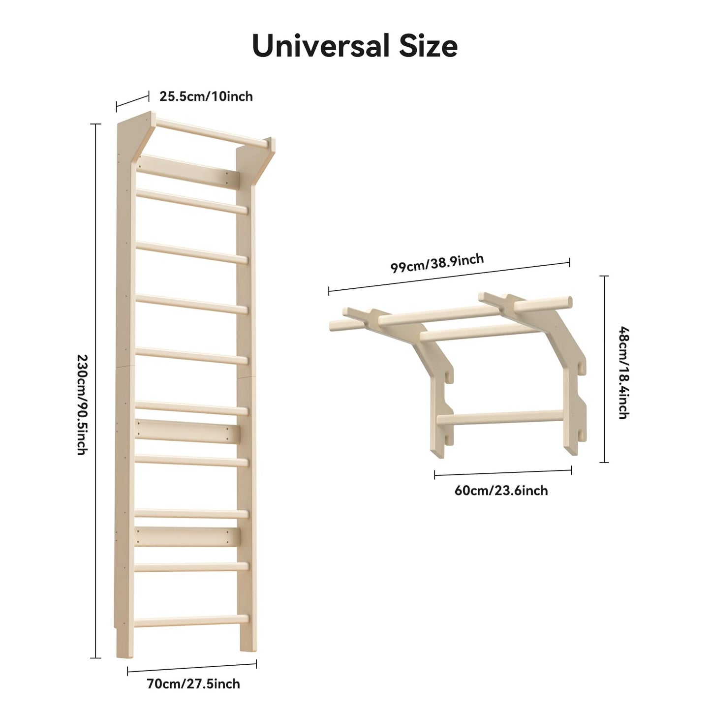 Swedish Ladder Wall Gym & Pull Up Bar Gymnastics Bar – Ultimate Wall Bars for Exercise with Adjustable Dip Bar Attachment, Wood Stall Bars for Home, Calisthenics, Physical Therapy and Kids Training (Burlywood)