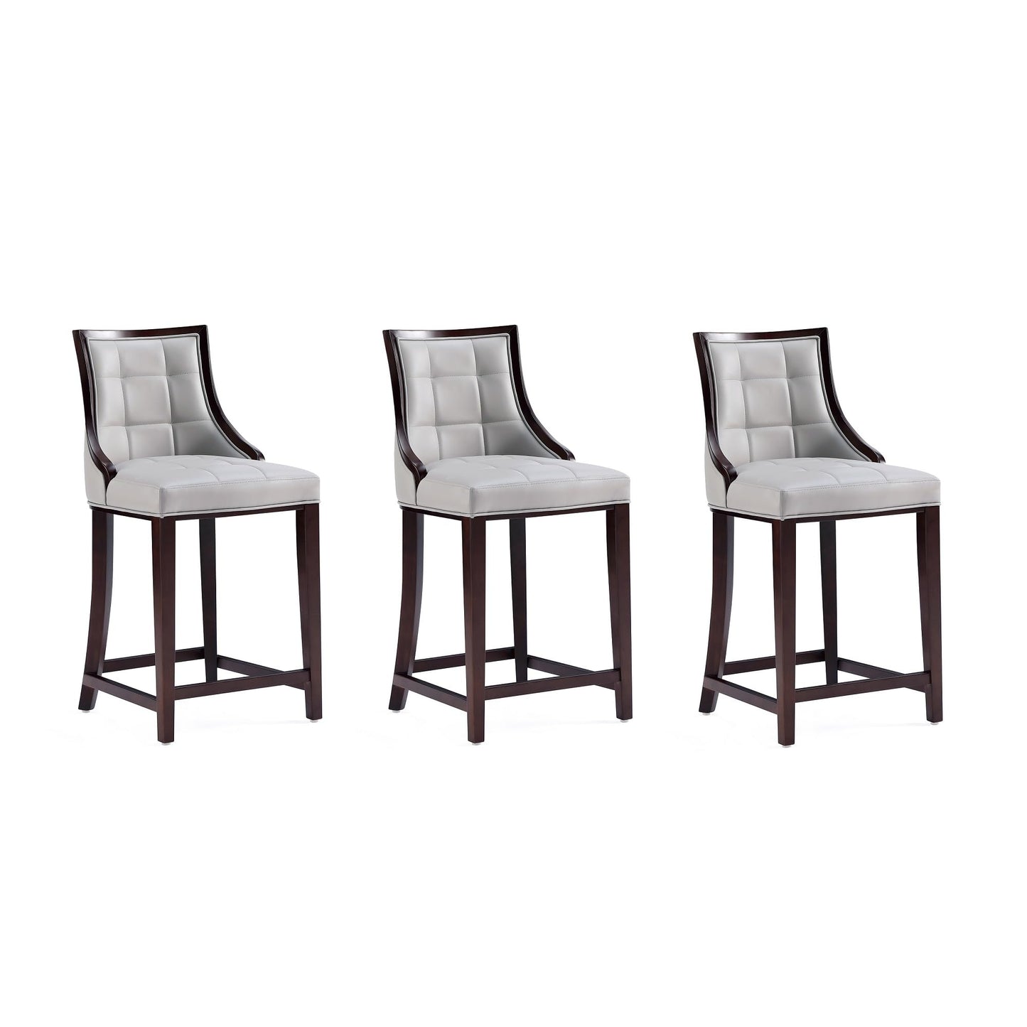 Manhattan Comfort Fifth Avenue Faux Leather Counter Stools with Rectangular Design Stitching, Foam Padding & Solid Beech Wood Frame, Fully Assembled Countertop Chairs, Set of 3, Light Grey