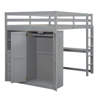 Full Size Loft Bed Frame with Built-in Wardrobe, Desk, Storage Shelves and Drawers, Wood Slat Support