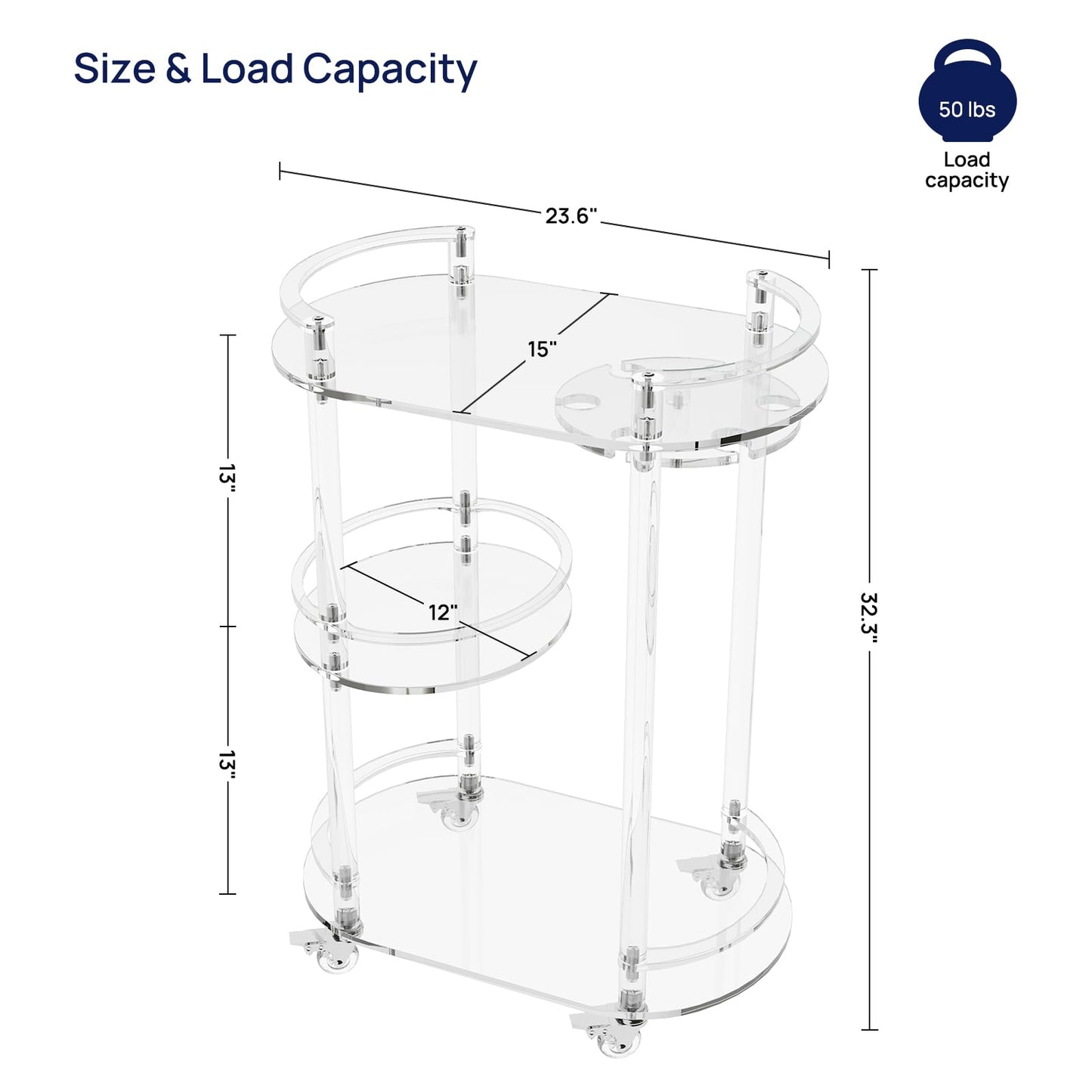 HMYHUM Acrylic Bar Cart with 4 Lockable Wheels, Clear Home Beverage Cart with Glass Holder, 3-Tier Rolling Serving Cart for Kitchen, Dining Room, Modern, Oval, 15''D x 23.6''W x 32.3''H