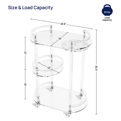 HMYHUM Acrylic Bar Cart with 4 Lockable Wheels, Clear Home Beverage Cart with Glass Holder, 3-Tier Rolling Serving Cart for Kitchen, Dining Room, Modern, Oval, 15''D x 23.6''W x 32.3''H
