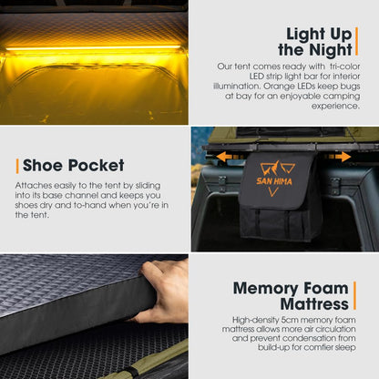 Sanhima Rooftop Tent Hard Shell - Hotham Lite Overland Aluminium Roof Top Tent 4.56" Slimline, w/Tri-Color LED Strip Light & 1.97” Thick Mattress, for Car SUV Truck Camping, 2-3 People (Army Green)