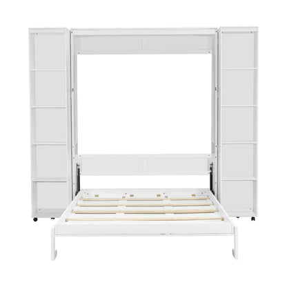Ball & Cast Murphy Bed Queen Size,Wood Hidden Wall Bed with 2 Sides Push-Pull Foldable Storage Cabinets, Multifunctional Cabinet Bed Frame for Bedroom,Guest Room,Space Saving,White