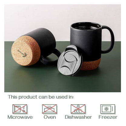 DOWAN Coffee Mugs, 15 oz Mug Set of 2, Large Ceramic Coffee Mug with Cork Bottom and Spill Proof Lid for Mom Dad, Big Mug for Latte Tea, Matte Grey