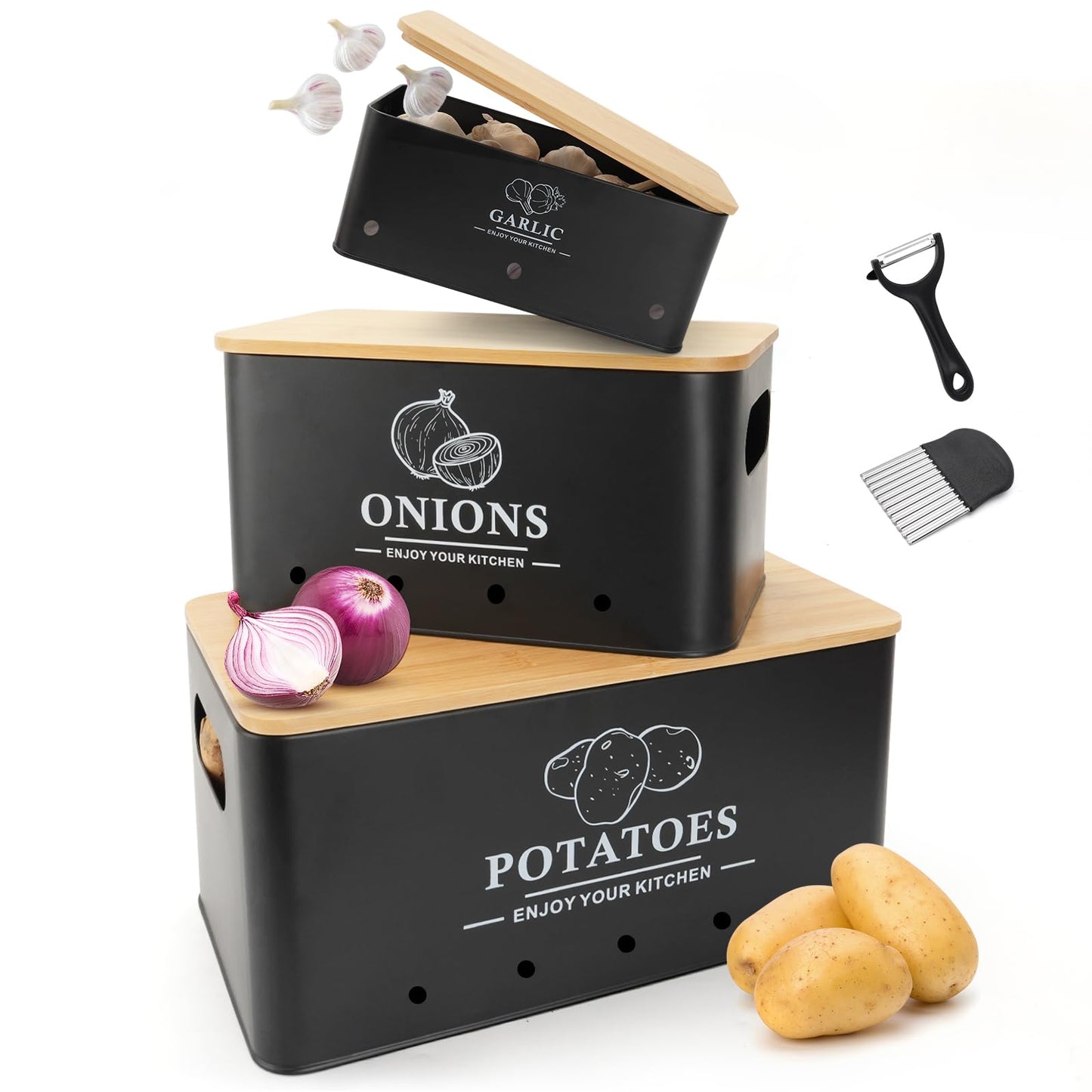 Dekosilave Kitchen Vegetable Storage Set of 3, Metal Onion Garlic Potato Storage Set, Kitchen Canisters Vegetable Keeper Containers with Aerating Holes and Wooden Lid (Black)