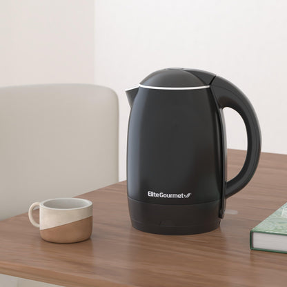 Elite Gourmet EKT1821 1.8L Double Wall Insulated, Cool-Touch 1500W Kettle w/Stainless Steel Interior & Lid, 360° Swivel Base for Cord Free Serving, Power On Lever, Auto Shut-Off, Boil Dry, Black