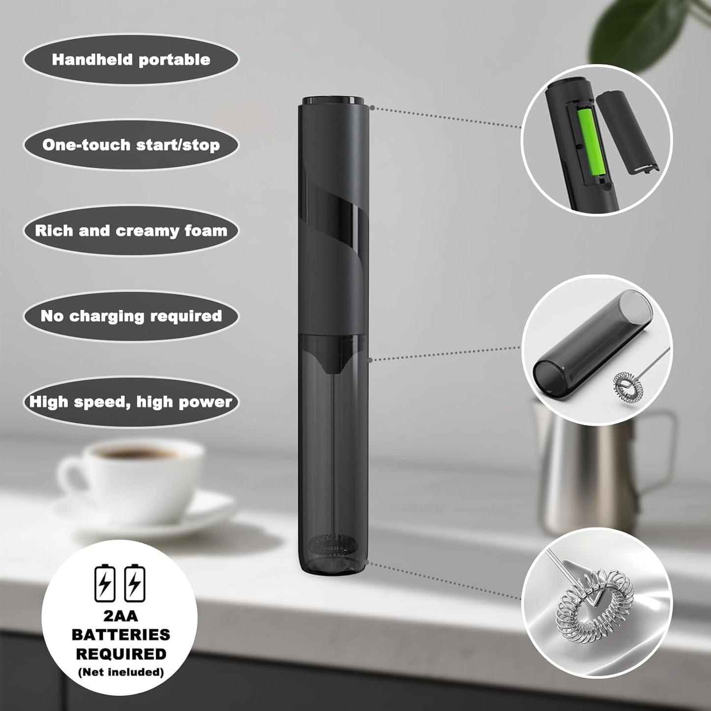 15-Second Handheld Milk Frother with Cover- Silent Drink Mixer, Travel-Ready with ABS Sleeve, Battery-Powered