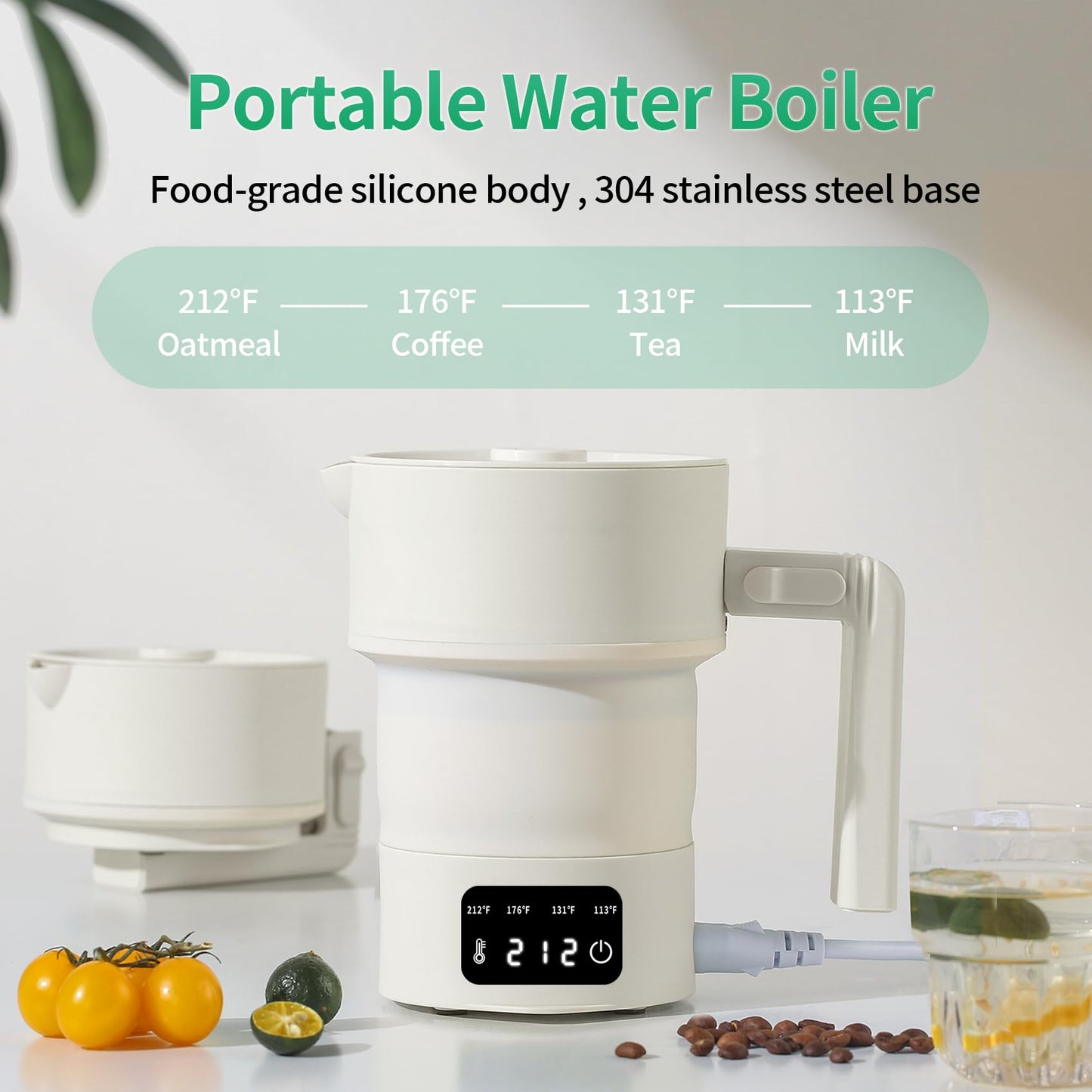 Portable Electric Kettle-Foldable Travel Water Boiler, 20oz Collapsible Small Electric Kettle with 4-Temp Presets for Hotel, Office, Camping