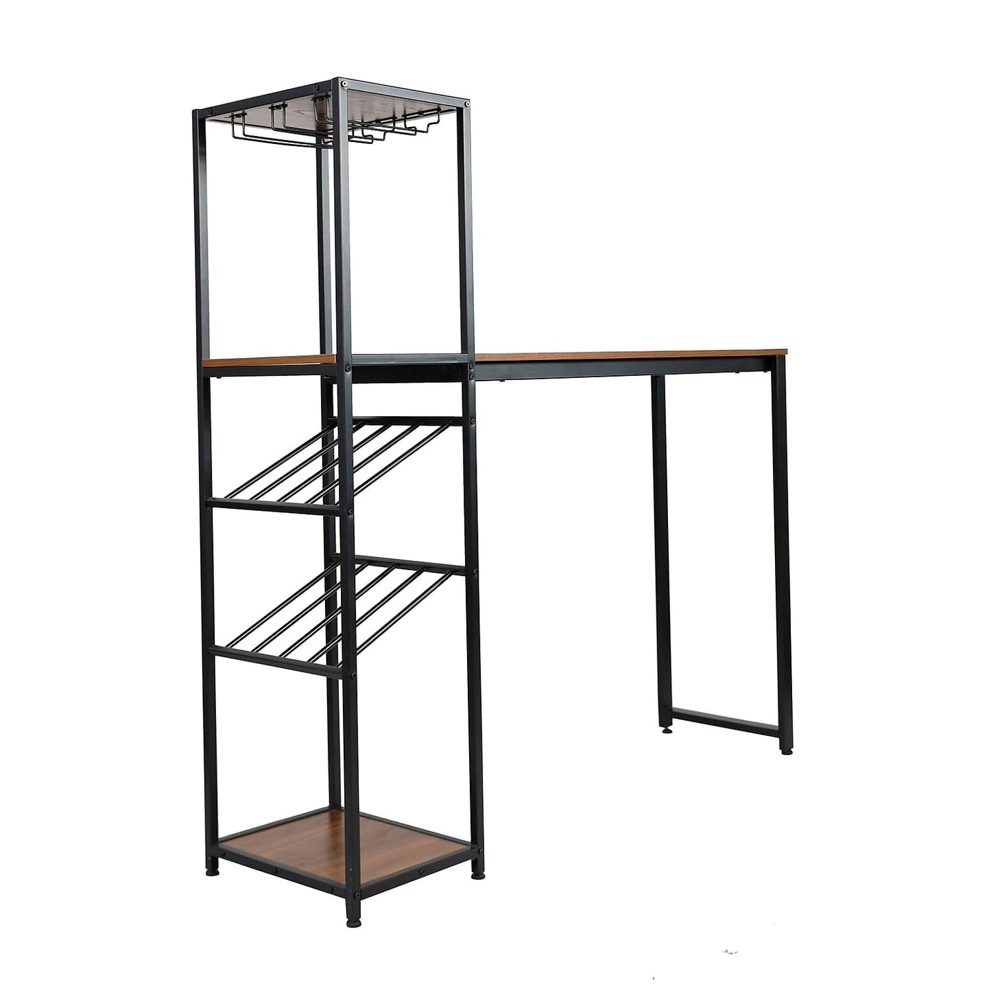 Flash Furniture Jura Metal Bar and Wine Table with Bottle and Stemware Storage, 2 Slanted Bottle Shelves, 3 Stemware Hangers, Waterproof Table Top, Black/Walnut