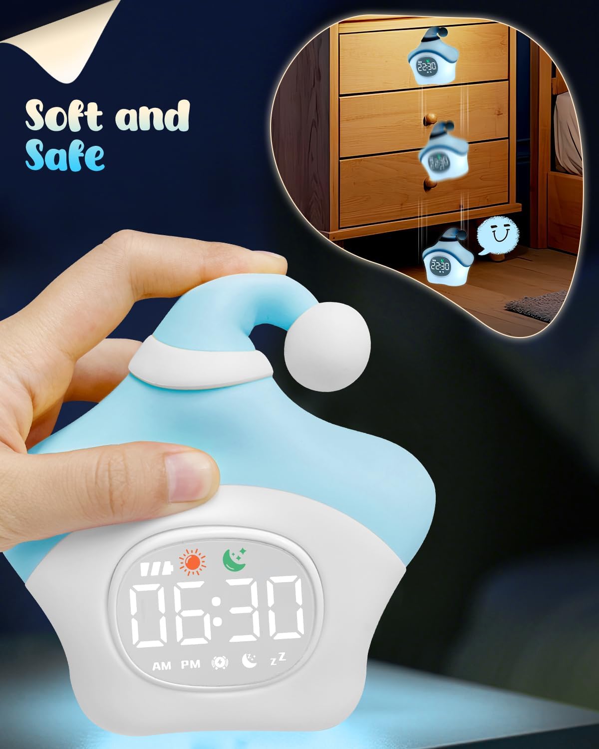 Star Alarm Clock with Night Light for Kids with Sleep Training and Sound Machine, Rechargeable Silicone Lamp OK to Wake