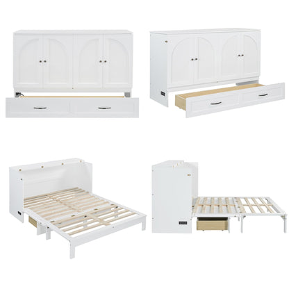 Merax Queen Size Murphy Bed Cabinet with Charging Station and Large Storage Drawer, Foldable Pull Out Murphy Chest Bed for Apartments, Bedrooms, Studio, No Spring Box Needed, White