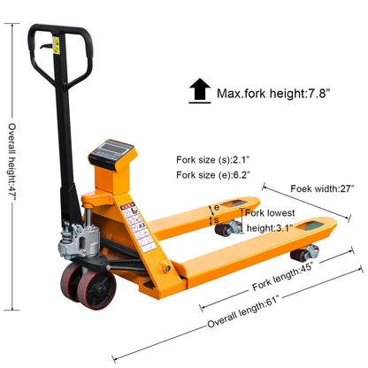 UNISOAR Scale Pallet Jack 4400Lbs Capacity, 45" x 27" Forks, Lb/Kg Switchable Electronic Scale Hydraulic Hand Pallet Truck, for Warehouse, Supermarket, Logistics Center