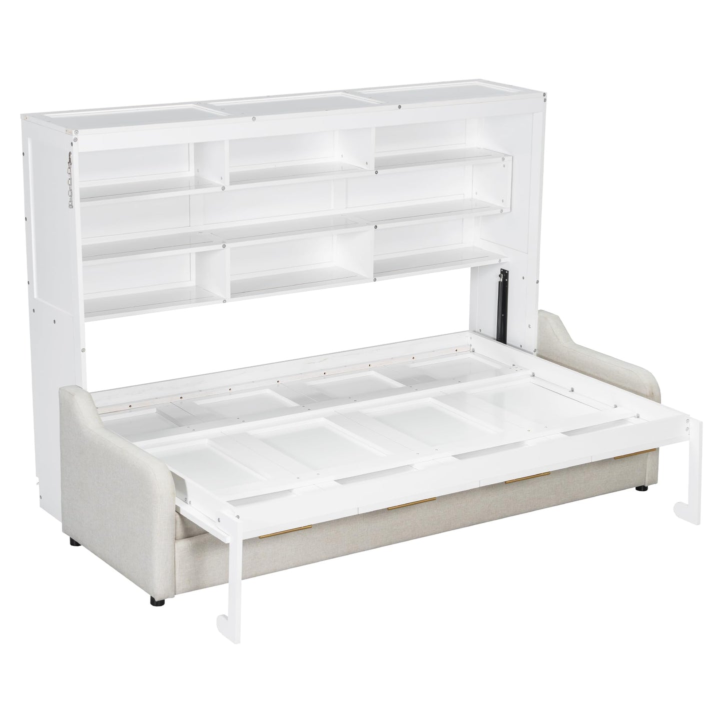 Bellemave Full Size Murphy Bed with Sofa, Cabinet Bed with Storage Shelves and LED Light, Farmhouse Murphy Cabinet with Folding Sofa, Noisy Free, for Guest Bedroom, Living Room, Office, Beige