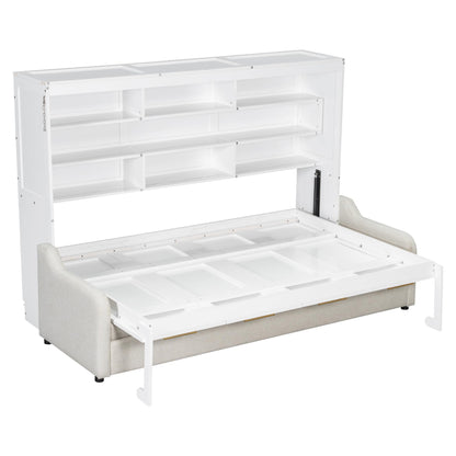 Bellemave Full Size Murphy Bed with Sofa, Cabinet Bed with Storage Shelves and LED Light, Farmhouse Murphy Cabinet with Folding Sofa, Noisy Free, for Guest Bedroom, Living Room, Office, Beige