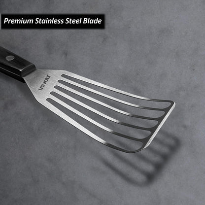 2 Pack Stainless Steel Fish Spatula Turner, Slotted Spatulas for Flipping, Turning, Frying & Grilling, Wooden Full Tang
