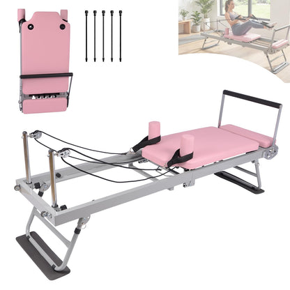Pink Foldable Pilates Reformer Machine for Home Gym, Professional Workout Equipment with 5x18lb Springs for Beginners & Advanced Users,Quiet Home Pilates Equipment