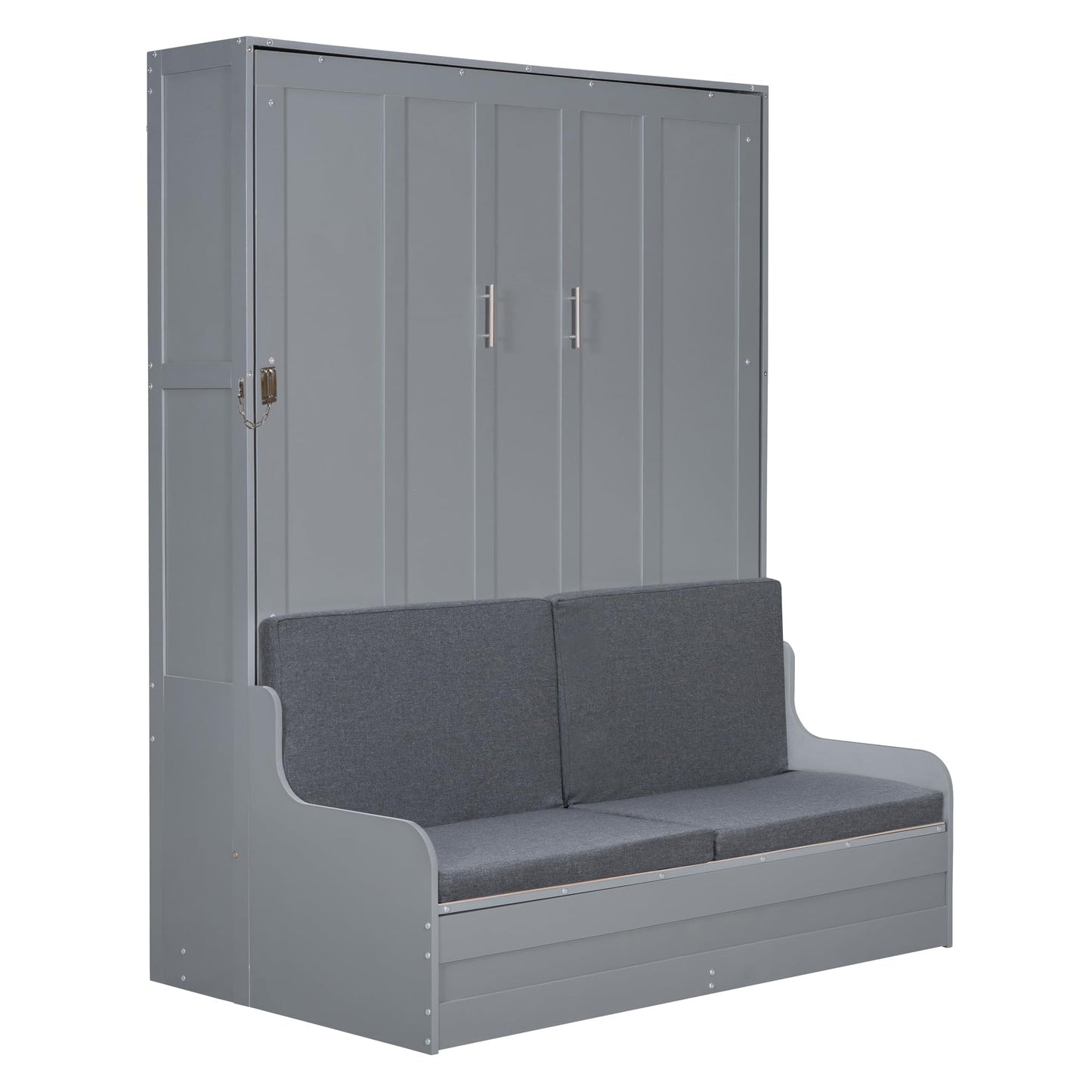 Merax Queen Size Murphy Bed Frame, Modern Wall Bed Can Be Folded into Cabinet, Chair with Cushion, Gray