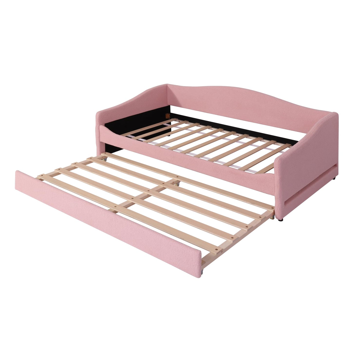 Twin Size Upholstered Daybed with Trundle,Teddy Fleece Twin Daybed Frame,Twin Day Bed with LED Light,Tufted Sofa Bed Daybed for Bedroom,Living Room,Guest,Pink