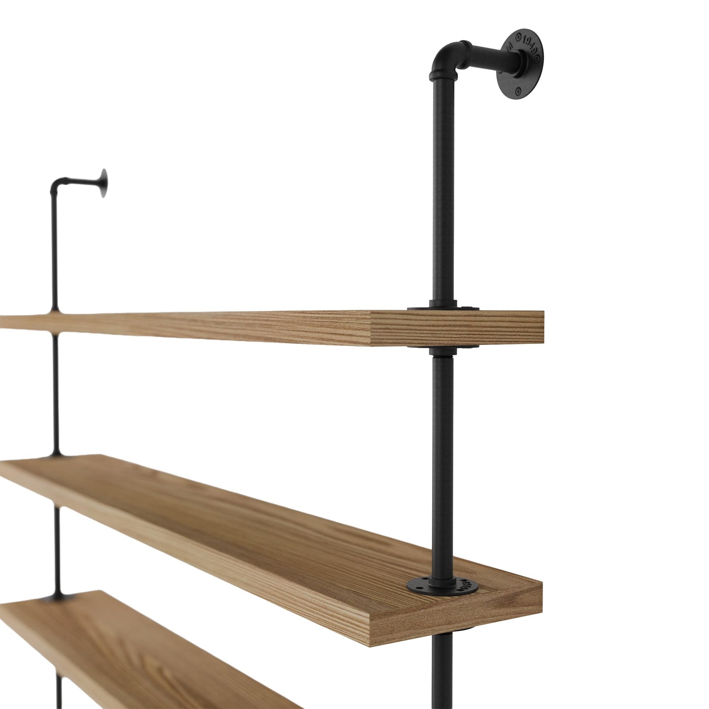 Wallniture 60" Long 5 Shelf Bookcase with 9.25" Deep and 1.5" Thick Real Solid Wood Boards, Standing Bookshelf with Pipe Style Wall Support - 5 Tier - Burnt