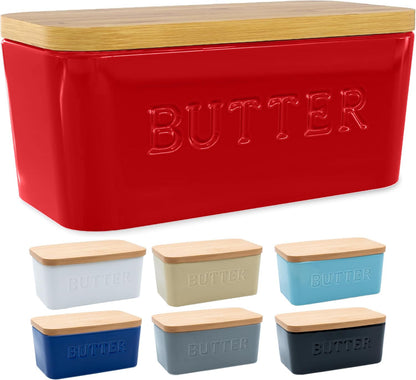 PriorityChef Extra Large Butter Dish with Lid for Countertop, Ceramic Butter Container With Airtight Cover, Butter Keeper for Counter or Fridge, Butter Holder Storage, Red