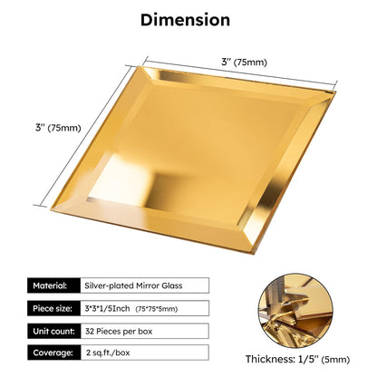 Diflart Peel and Stick Mirror Backsplash, Gold, 3x3 Inch, Beveled Mirror Square Kitchen Bar Wall Tile (2 Sq.ft, 32 Pcs)