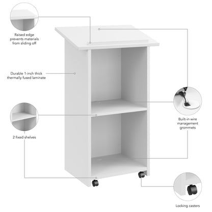 Bush Business Furniture Podium Lectern, 48 inch Tall, Professional-Grade Mobile Presentation Stand Up with Shelves, Envision Collection, White