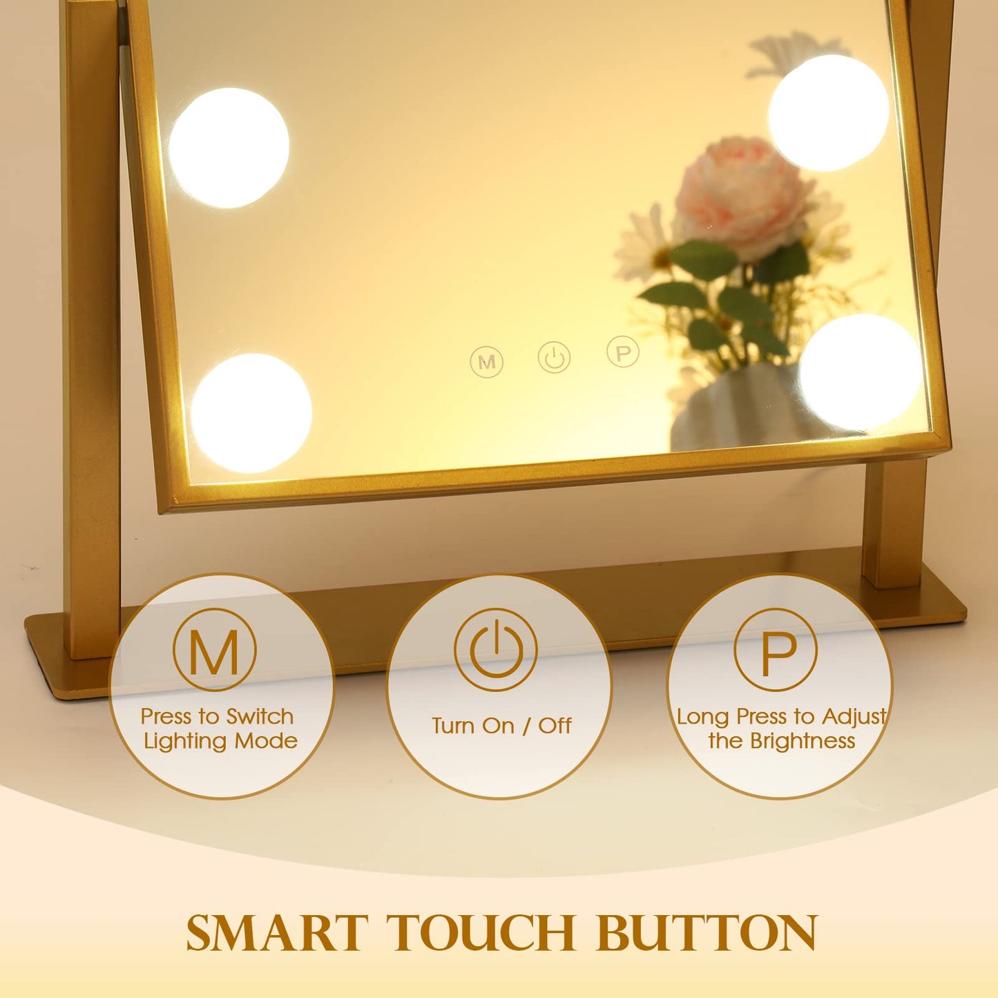 Lighted Makeup Mirror Hollywood Mirror Vanity Mirror with Lights, Touch Control Design 3 Colors Dimable LED Bulbs, Detachable 10X Magnification, 360°Rotation, (White) 12" L x 14" W