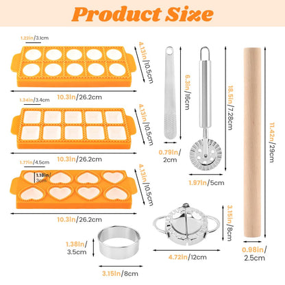 8PCS Ravioli Maker Press Set,Ravioli Stamp Maker Cutter with Wood Rolling Pin,Empanada Maker-Press,Ravioli Wheel and Stuffing Spoon,for Homemade Pasta,Dumpling,Pastry Kit(Yellow)