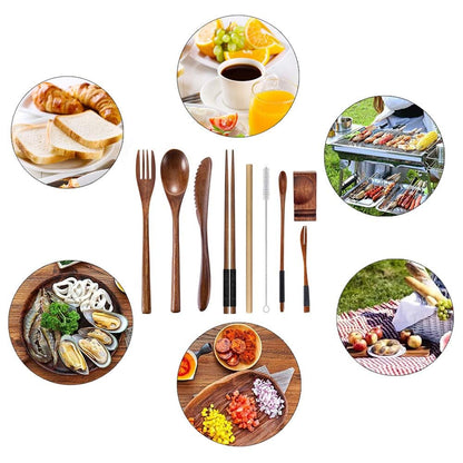 Wooden Utensil Flatware Set Reusable Utensils Travel Cutlery Set for Eating with Case, 10 Pcs Wooden Spoon and Fork Set Bamboo Flatware Set