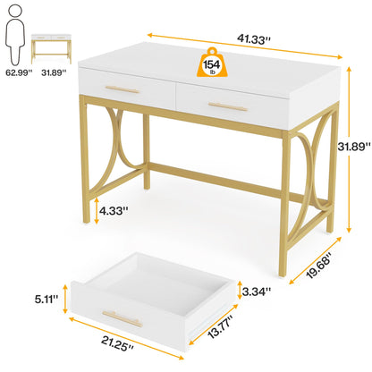LITTLE TREE 41" Computer Desk with Two Drawers, Modern Study Writing Desk with Storage, White Makeup Vanity Table Office Desk with Gold Metal Frame for Home Office