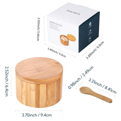 Pochita Global Bamboo Salt Cellar Bowl Box with Swivel Magnetic Lid to Avoid Dust, Elegant Kitchen Salt Container Holder with to Storage Pepper Spice Bath & Sea Salts, 6OZ（Built-in Spoon）