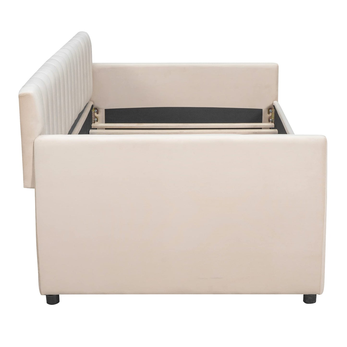 YOPTO Velvet Upholstered Twin Daybed with Two Storage Drawers, Solid Wooden Sofa Bed Frame w/Vertical Stripes Designed Backrest and Pine Legs, Space-Saving Design